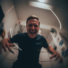 Ecstatic Young Man Laughing Hysterically with Swirling Light Trails and Fisheye Lens Distortion