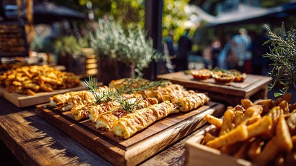 A catered display with gourmet snacks. Savory pastries, herb garnishes, and golden fries offer a delightful culinary experience, set against a sunny outdoor ambiance.