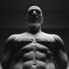 Dramatic Low Angle Portrait of a Powerful Muscular Bald Man with Stone Texture and Harsh Shadows