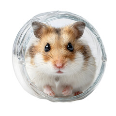 Hamster running on a wheel inside a transparent background