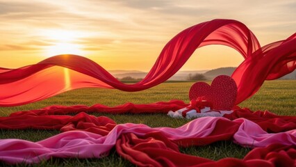 Romantic sunset with heart-shaped fabric
