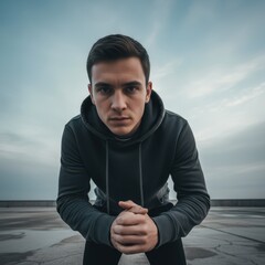 Determined Young Man in a Dark Grey Hoodie Leaning Forward With a Focused and Serious Expression