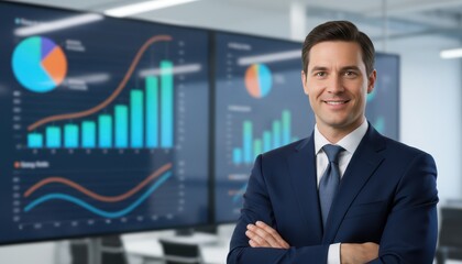 Professional Male Executive Smiling with Arms Crossed Near Large Data Dashboard Displays at Work