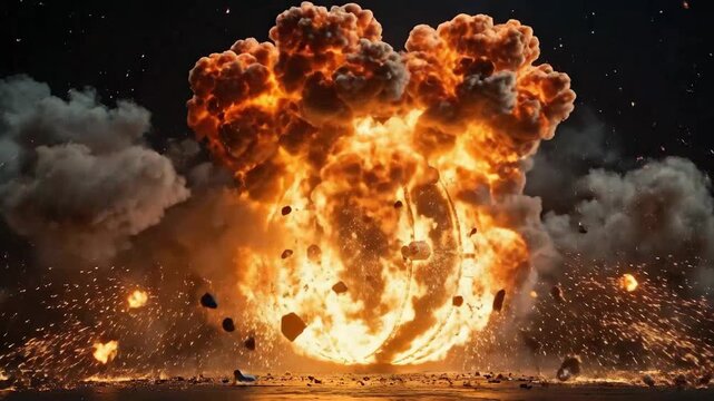 Explosive device detonates in a fiery burst, sending debris flying through the air.