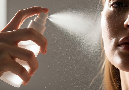 Close up of woman spraying face mist, cosmetic toner or setting spray with visible aerosol droplets and backlight