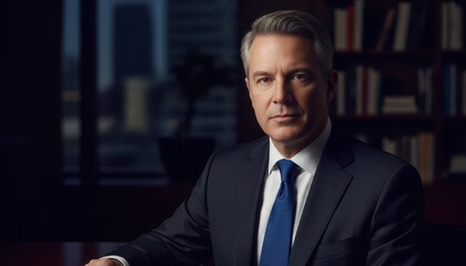 Confident Mature Corporate Leader in Formal Attire Sitting in a High End Modern Executive Office