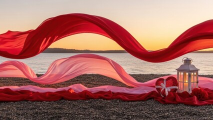 Red fabric draping at sunset