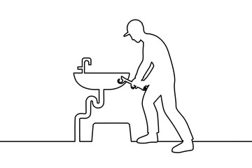 Engineer or professional service worker repairs or installs washbowl. Home repair or troubleshooting concept.