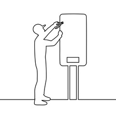 Engineer or professional service worker repairs or installs boiler. Home repair or troubleshooting concept.