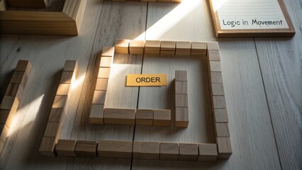 Creative Arrangement of Wooden Blocks Forming the Word Order with Sunlight Highlighting the Composition in a Modern Workspace
