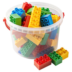 Fototapeta premium A plastic bucket filled with colorful building blocks for creative play and learning