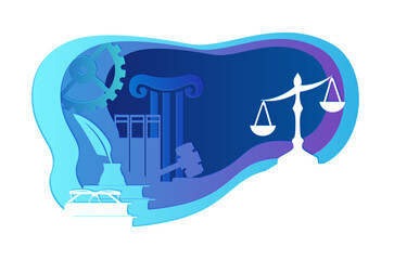 Law and justice concept. Gavel, judge books, pillar and scales. Online lawyer legal advice. Layered parallax design element.  Paper cut vector illustration.