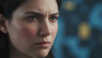 Intense Close-Up Portrait of a Stressed Young Woman with Sweat and Flushed Cheeks in Low Light