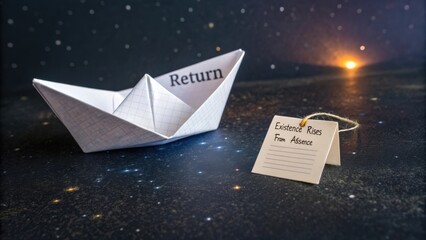Paper Boat with 'Return' Label Floating in Cosmic Space and Inspirational Message Tag About Existence and Absence