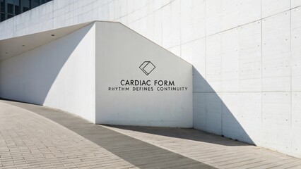 Modern architectural design with abstract shapes and minimalist style featuring logo and branding on a white surface