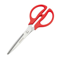 A single pair of closed scissors with bright red plastic handles and sleek silver metal blades, perfectly aligned, on a transparent isolated background, product photography concept
