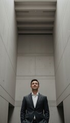 Confident Businessman Standing in a Minimalist Modern Concrete Architectural Hallway Interior