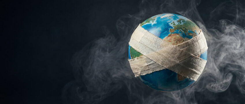 Bandaged Earth Globe Covered in White Smoke, Climate Change and Pollution Impact