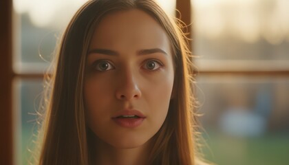Shocked Young Woman with Large Expressive Eyes and Open Mouth in a Warm Sunset Light Setting
