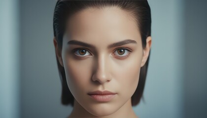 Striking Beauty Portrait of a Young Woman with Slicked-Back Hair and Perfect Skin in Soft Light