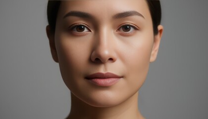 Detailed portrait of a beautiful Asian woman with clean skin and natural makeup on a gray background