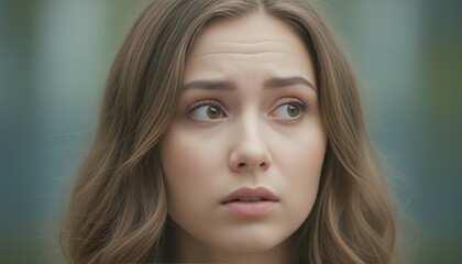 Close Up Portrait of a Concerned Young Woman with an Apprehensive Facial Expression Outdoors