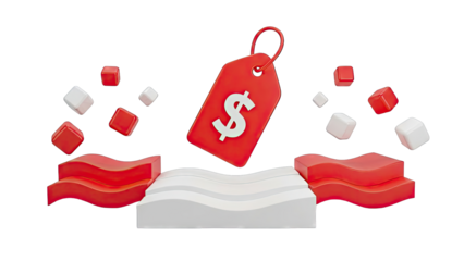 3D Render: Red Price Tag with Dollar Sign and Floating Cubes