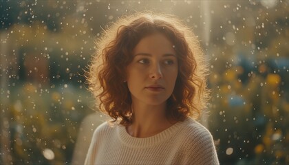 Radiant Woman with Curly Auburn Hair Standing in a Golden Sunshower Within a Lush Garden Setting