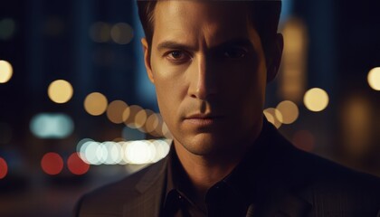 Cinematic Portrait of a Confident Businessman in a Suit Against a Blurred Night City Backdrop