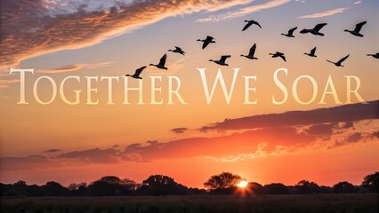 Flock of Geese Flying at Sunset with Inspirational Text