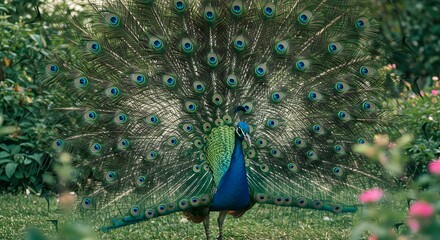 Obraz premium Peacock Displaying Vibrant Blue Green Feathers in Garden Setting