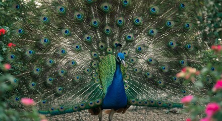 Obraz premium Colorful Peacock Displaying Fanned Tail in Garden with Pink Flowers