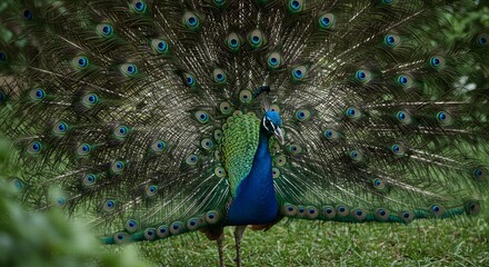 Obraz premium Peacock Displaying Vibrant Blue Green Feathers in Natural Setting