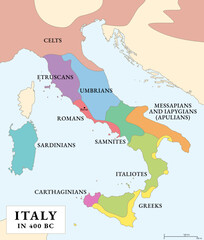 Italy in 400 BC, history map of the Italian Peninsula, Sicily and Sardinia, with its peoples, such as Romans, Etruscans, Umbrians, Samnites, Italiotes, and others, multi colored highlighted. Vector