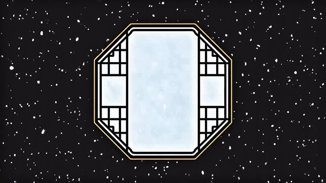 Octagonal window with grid pattern against starry background