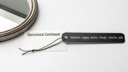 Stylish and minimalistic photo featuring a mirror and a tag labeled Operational Continuum on a reflective surface