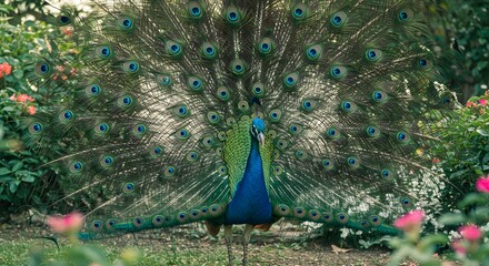 Obraz premium Colorful Peacock Displaying Vibrant Feathers in Garden Setting