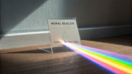 Inspirational Light Beam on Moral Beacon Sign with Colorful Rainbow Reflection and Wooden Floor Background