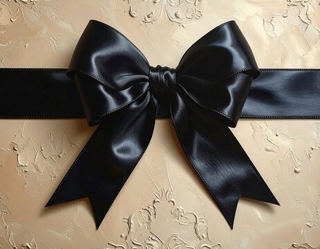 Close-up of black satin bow on textured, ornamental background