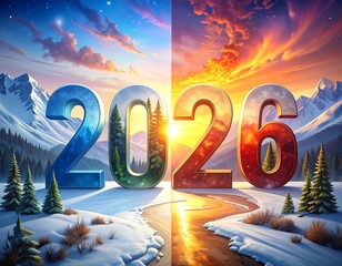 Digitally created illustration depicting the year 2026 amidst a scenic vista