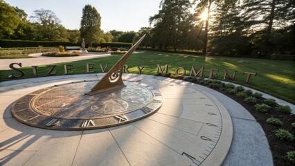 Grand Sundial in Lush Garden Under Golden Sunlight