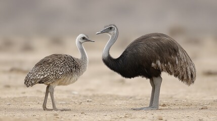 Obraz premium A captivating shot of two Greater Rheas, one juvenile, one adult, in their natural habitat. Soft hues of plumage contrast against the arid landscape, showcasing nature's beauty.