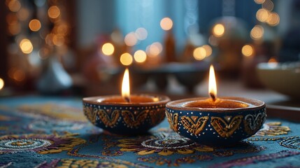Two glowing diyas rest on a vibrant patterned cloth, surrounded by a soft, warm bokeh. The scene exudes tranquility, reflection, and the beauty of traditional celebrations.