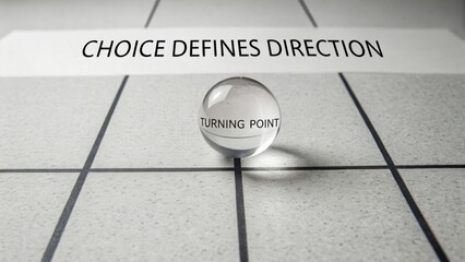 Crystal Sphere on Grid with Text "Choice Defines Direction" and "Turning Point" Signifying Decision Making Concept