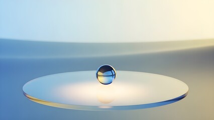 A shimmering sphere suspended above a reflective disc in a minimalist, serene setting