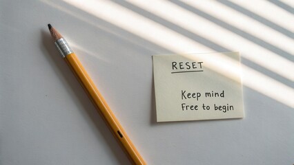 Inspirational note reminder to reset mindset with pencil and natural light reflections on a minimalist workspace