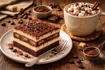 Slice of tiramisu cake on a white plate with a cup of hot chocolate