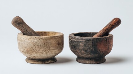 Rustic wooden mortars & pestles stand side-by-side, showcasing natural tones. A light-colored vessel complements a darker, aged one. Time-worn tools on white.