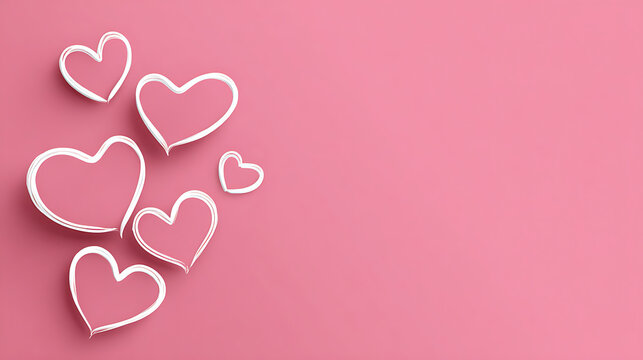 A simple pink background with flowing white heart outlines in a swirl pattern, creating a light and playful romantic design with copy space.