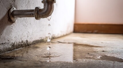 A leaky pipe drips onto the floor, creating puddles. This image highlights the urgency of repairing plumbing issues to prevent water damage and potential structural problems. Act now to avoid
